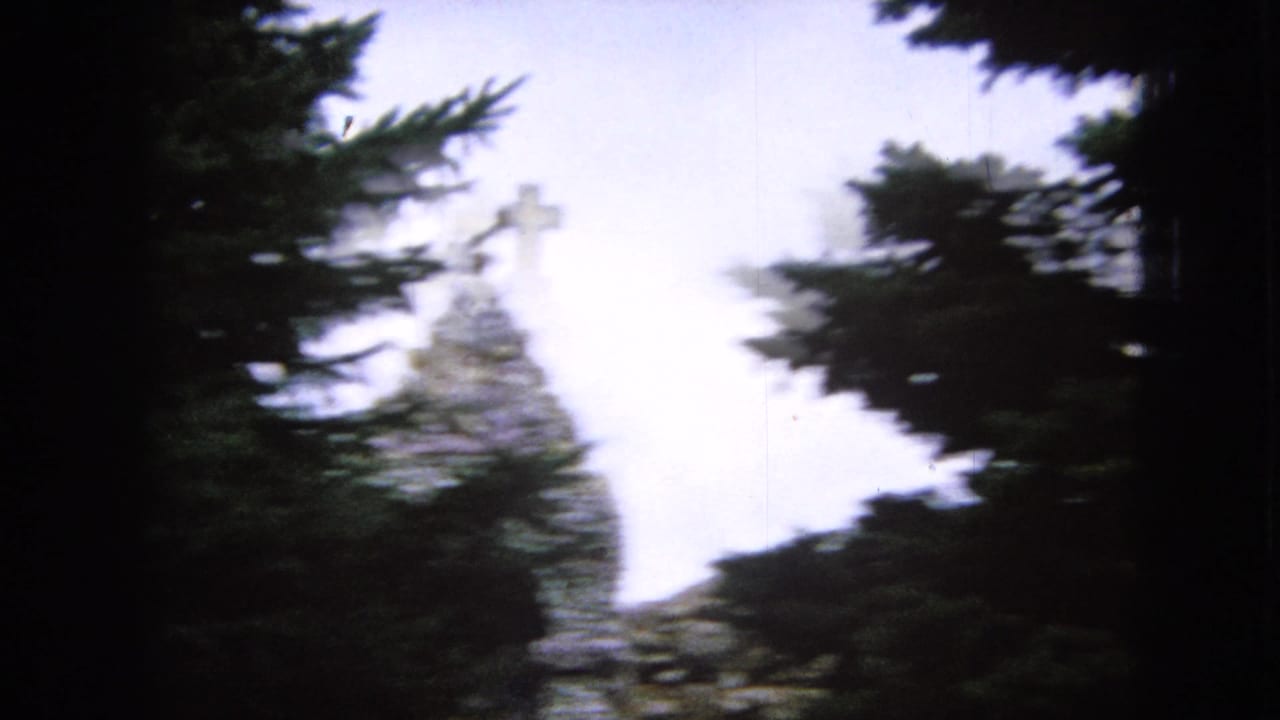 Cross-topped stone form partly obscured by dark trees.