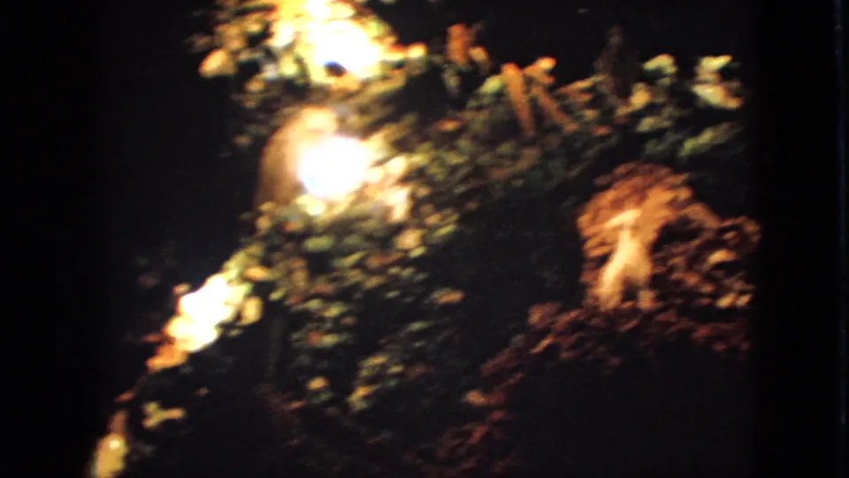 1967 Iowa 8mm frame showing a close, soft-focus view of an illuminated green and gold wreath-like decoration at night.