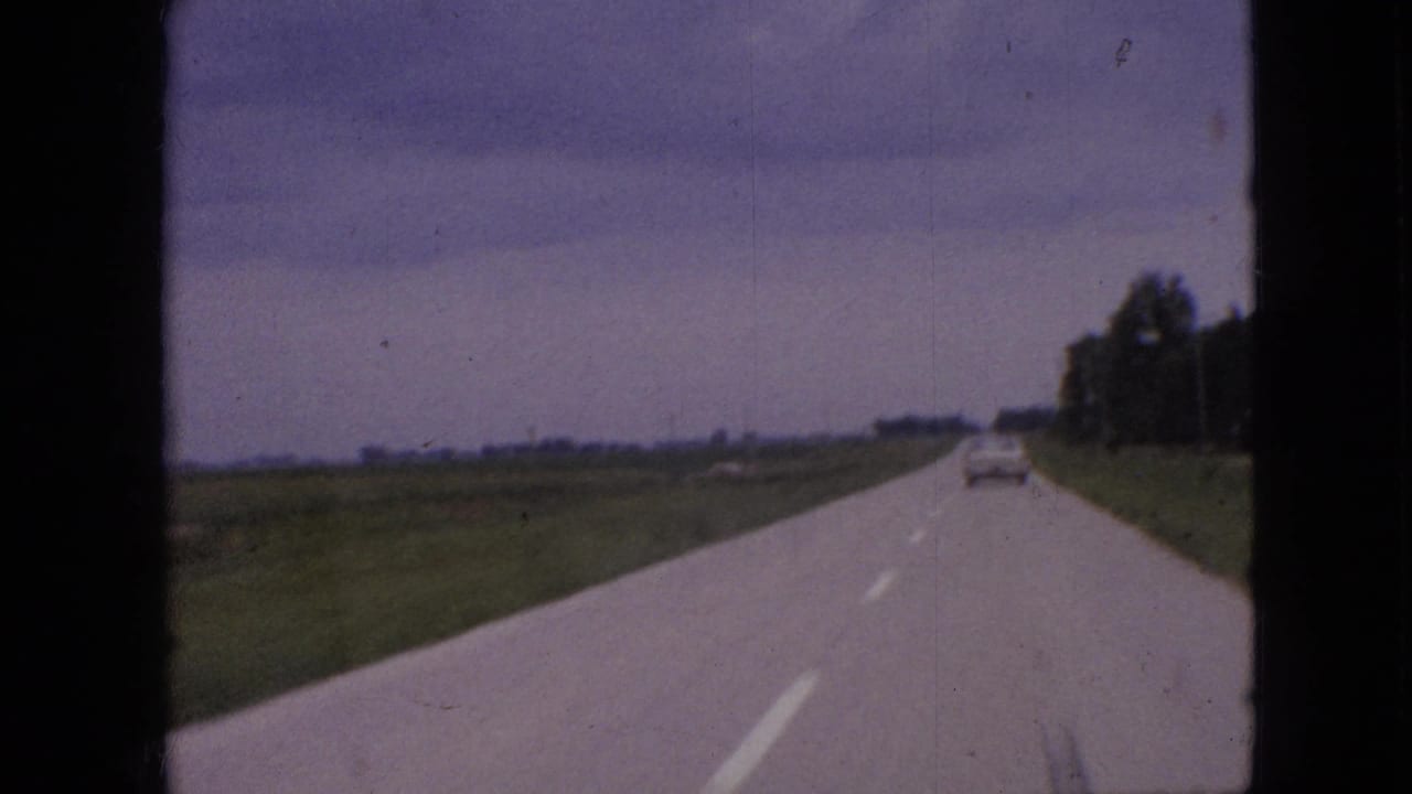 Straight rural road with a distant car ahead, fields on both sides, and trees along the right shoulder.