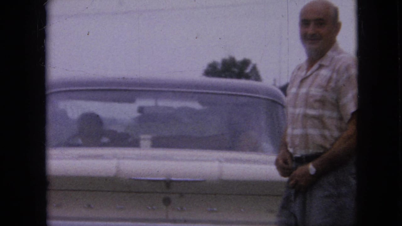 A balding adult man in a plaid short-sleeve shirt stands beside the rear of a parked light-colored sedan in the Iowa roadside scene.