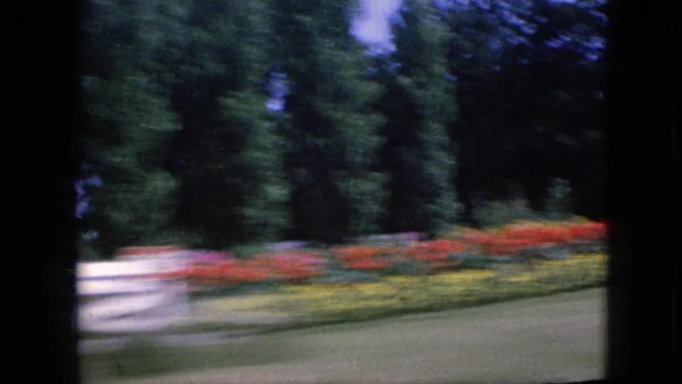 1967 Iowa 8mm frame showing dense green trees and low red and yellow flower beds passing in motion blur from a moving vehicle perspective.