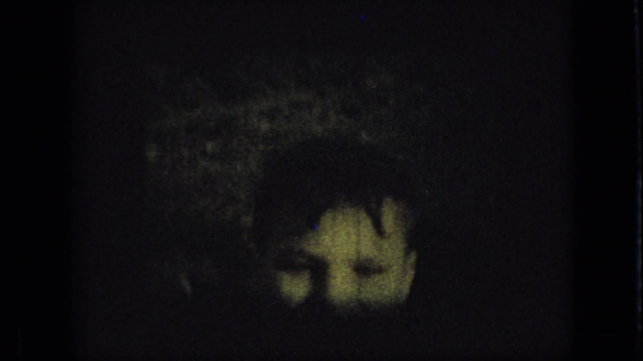 Underexposed 1967 Iowa 8mm frame with a small black puppy barely visible against a dark yard area and film border.