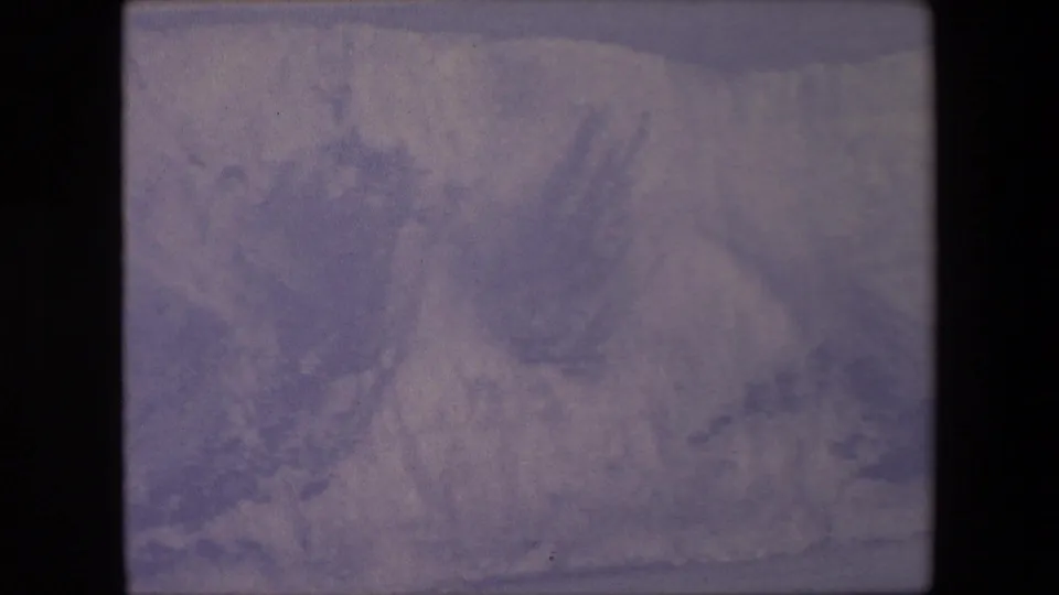 The final faded 8mm frame shows textured pale cliffs and dark water, with the seabird no longer clearly visible and no people, signs, or structures apparent.
