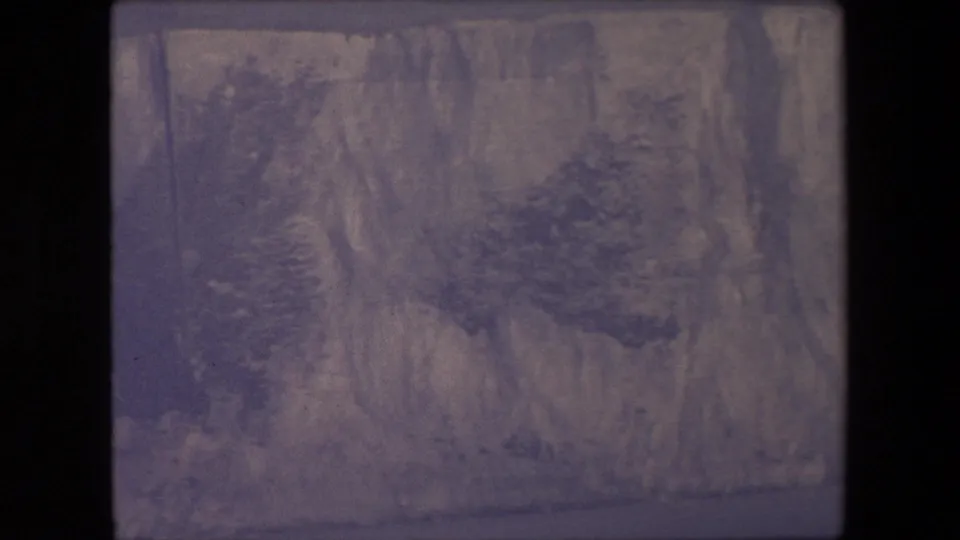 Metadata-supported 1967 London 8mm frame of a textured cliff or bank surface with vertical erosion patterns and dark shrub-like growth.