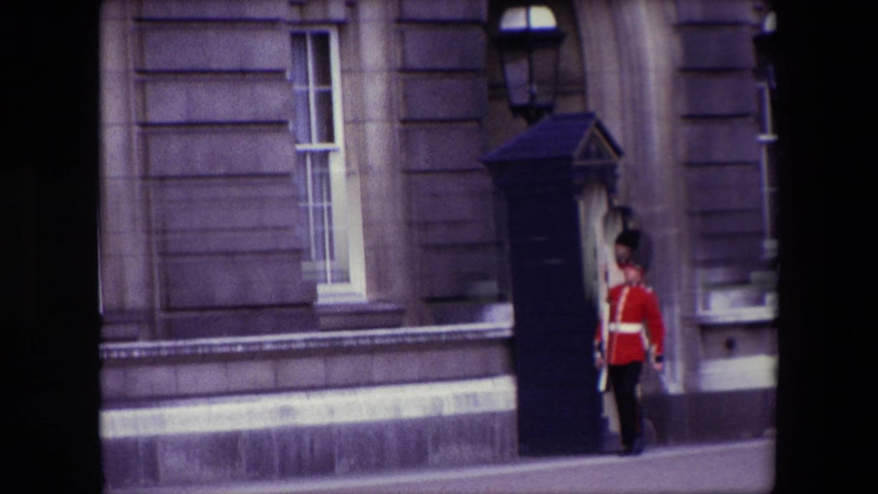 Royal Guard walks past a sentry box along the exterior of a stone palace-like building.