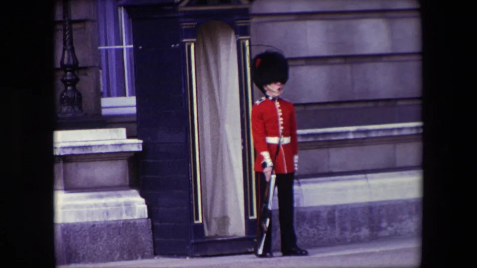 A Queen's Guard in ceremonial uniform stands with a rifle near a sentry box and stone facade in London, England, based on the supplied location metadata.