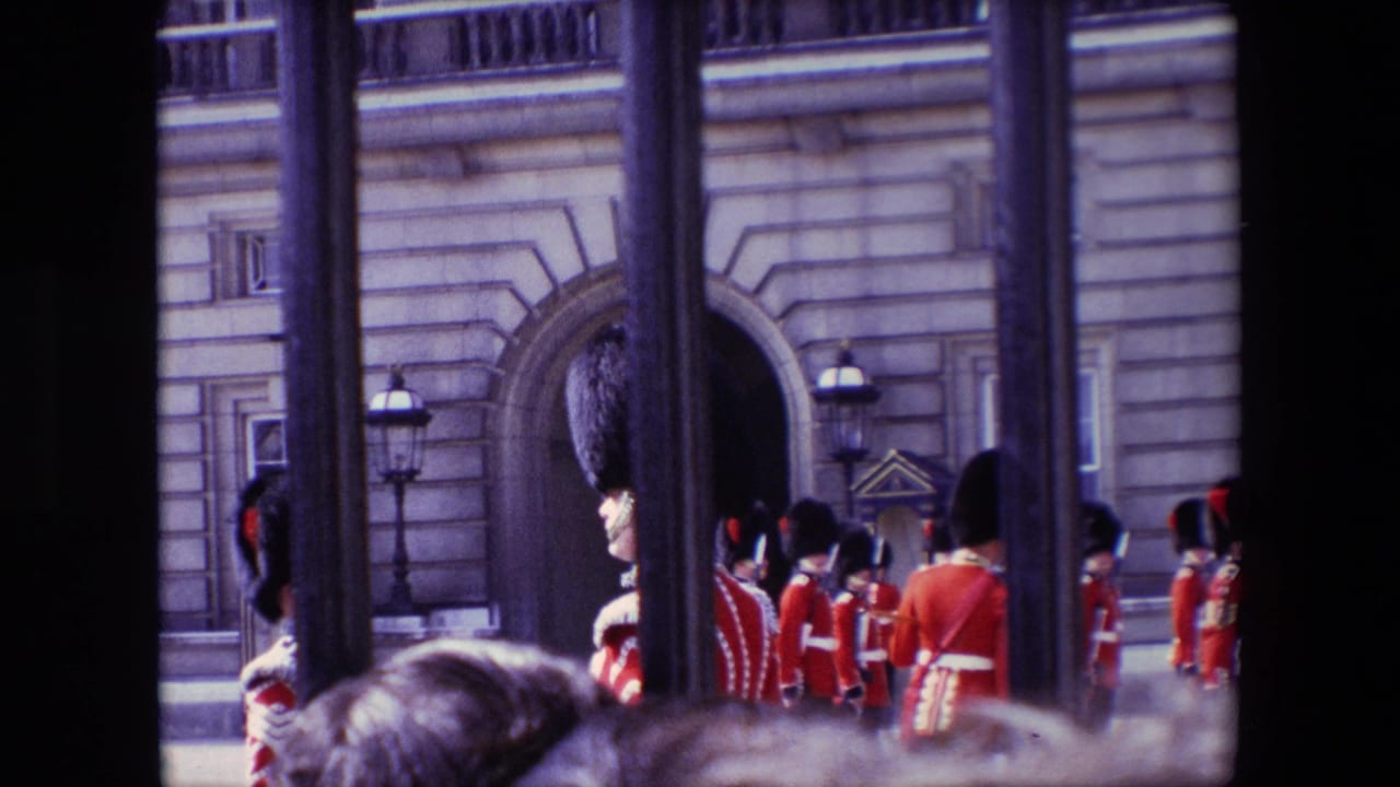 Queen's Guard soldiers in red uniforms seen through dark vertical bars outside a stone palace facade.