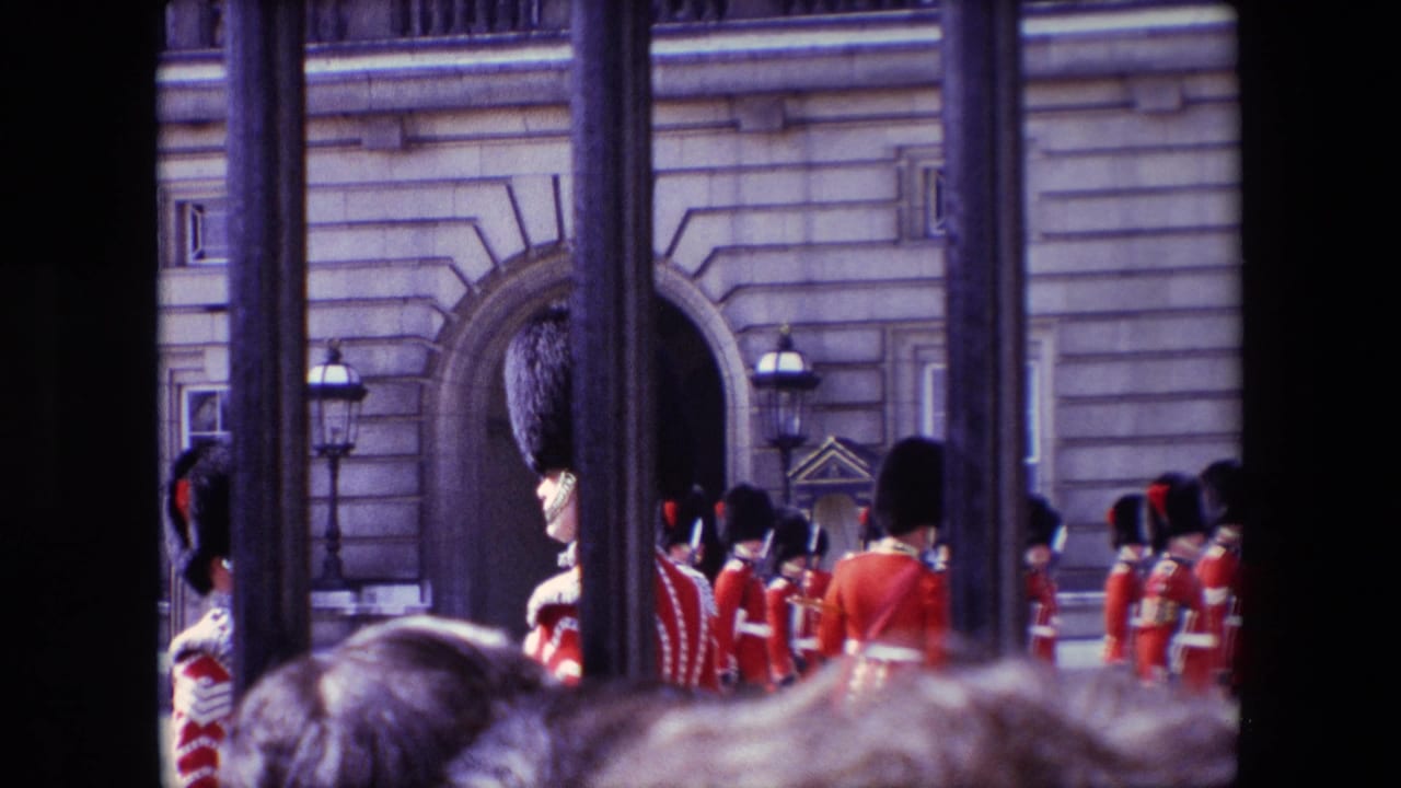Groups of guards in red uniforms stand near a palace arch, partially obscured by bars and spectators.