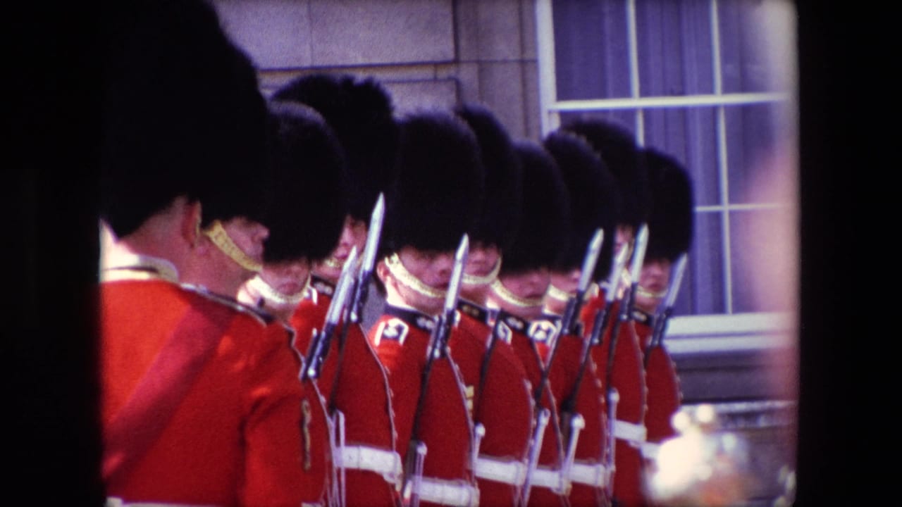 Line of ceremonial guards in red uniforms with bayonets in front of windows.