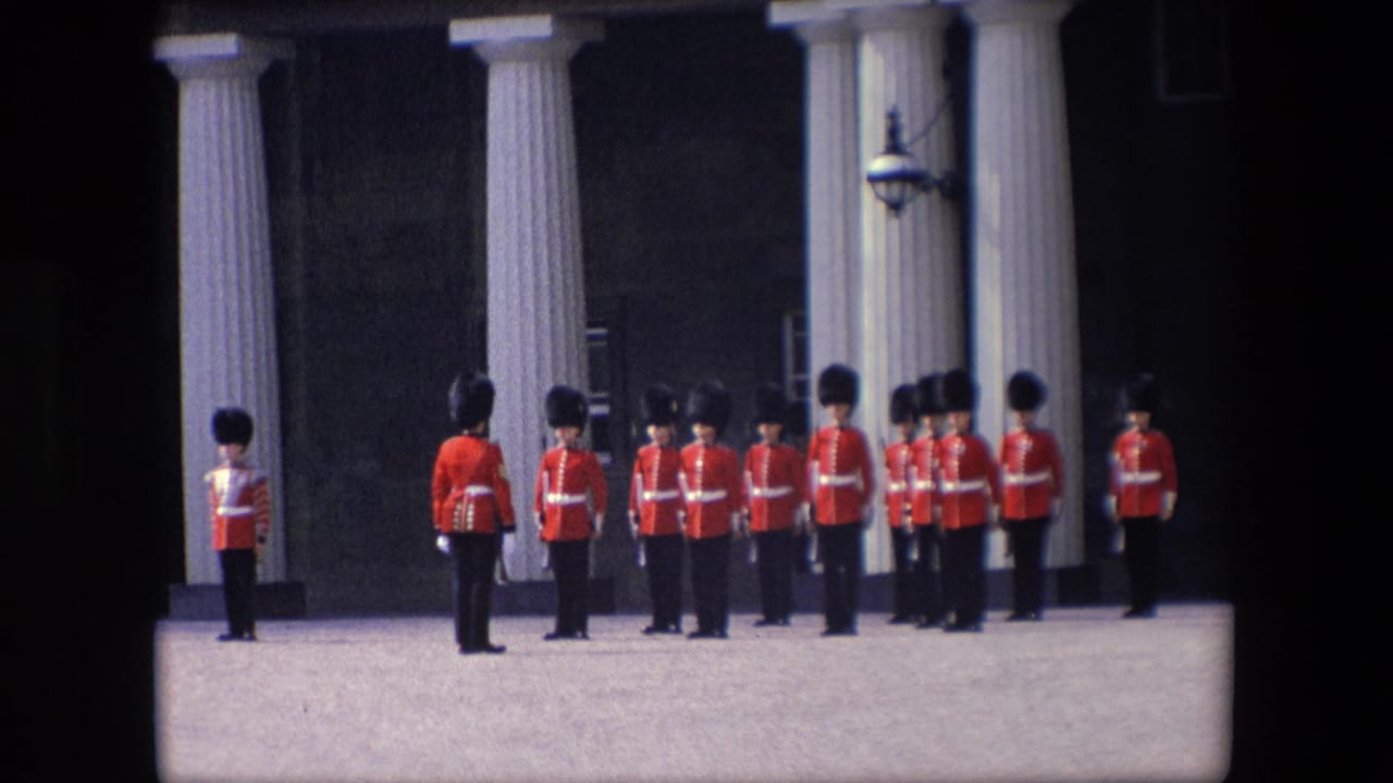 A group of uniformed soldiers stands at attention near tall columns.