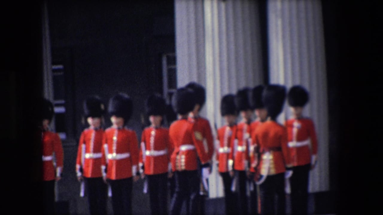 Royal Guard soldiers in red uniforms standing near pale curtains or columns.