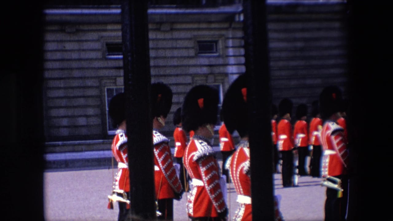 Ceremonial guards in red uniforms seen through black railings near a stone building.