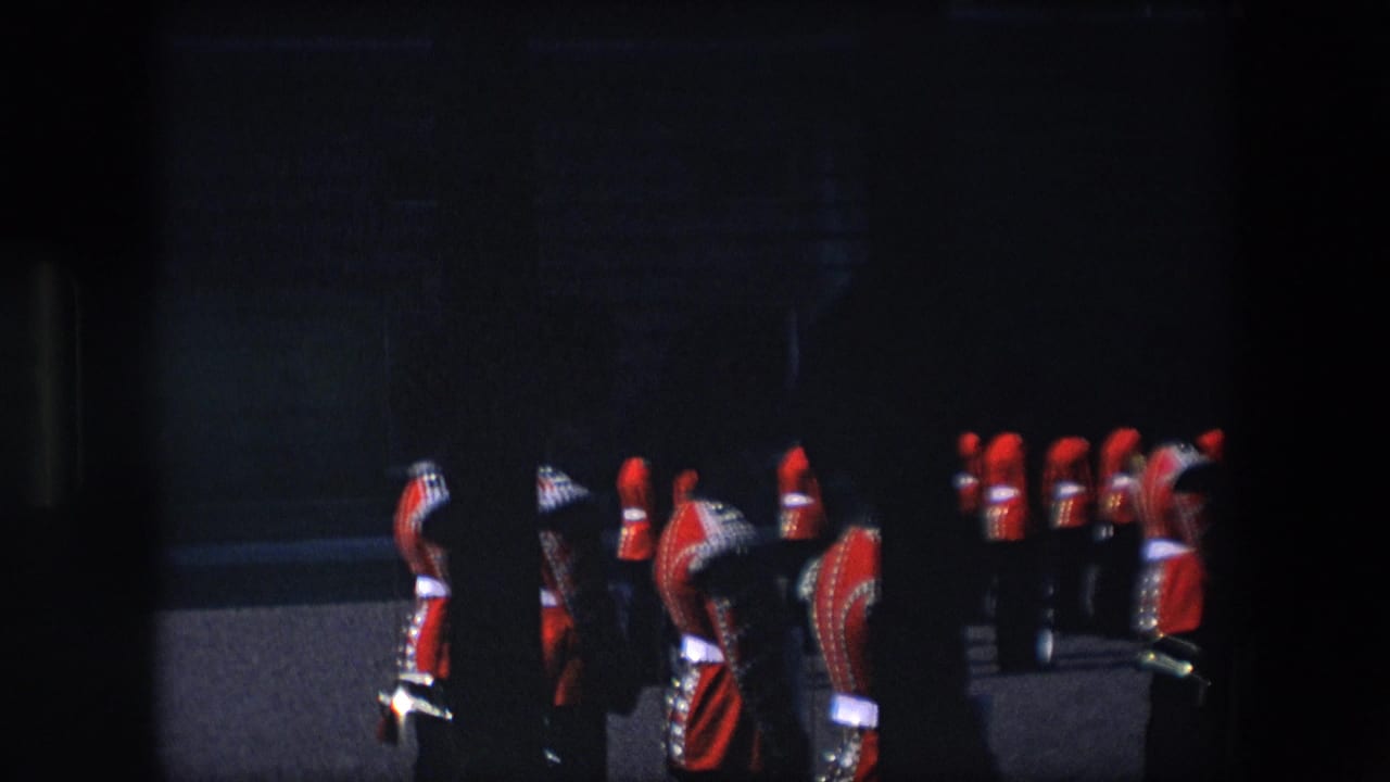 Dark, partially obstructed view of guards in red uniforms standing in formation.