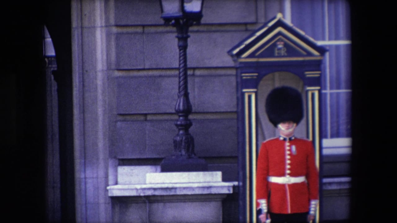 Uniformed ceremonial guard standing beside a striped sentry box and stone building facade.