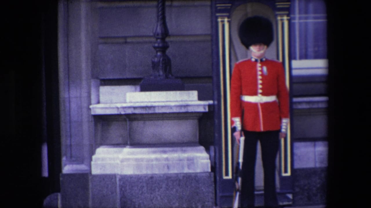 Ceremonial guard standing at attention near a sentry box outside a stone building.