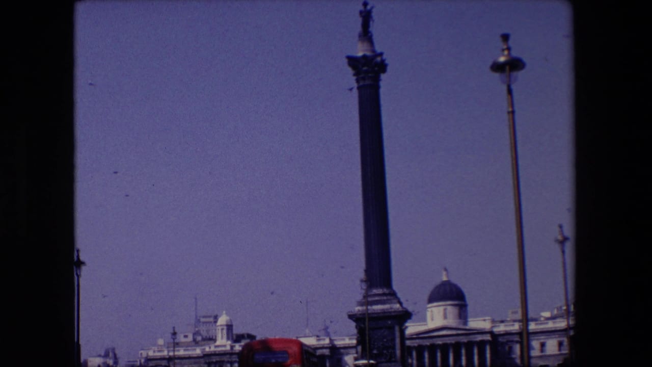 Tall column monument and nearby street lamp above city buildings with birds in a blue sky.