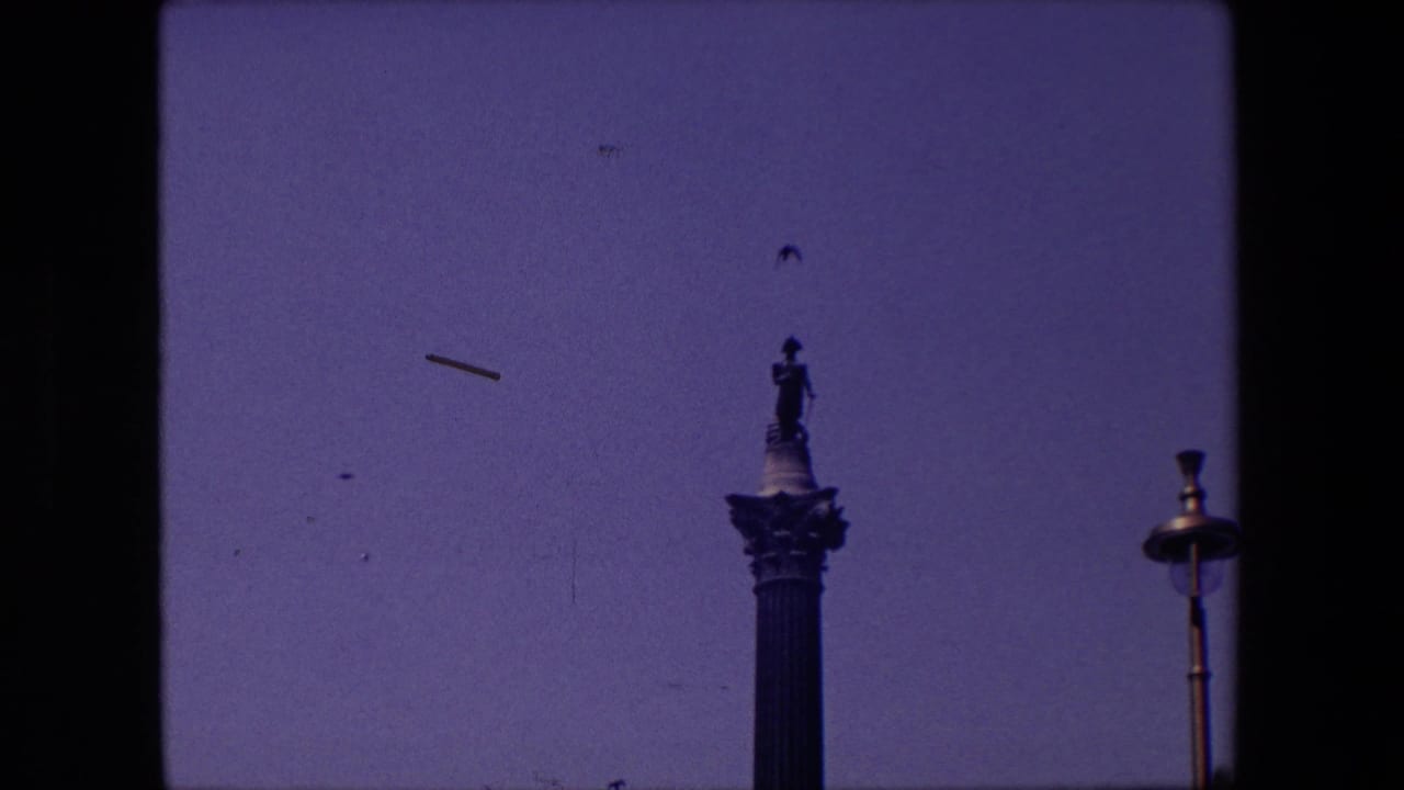 Column-top statue, streetlamp, open sky, and birds in flight.