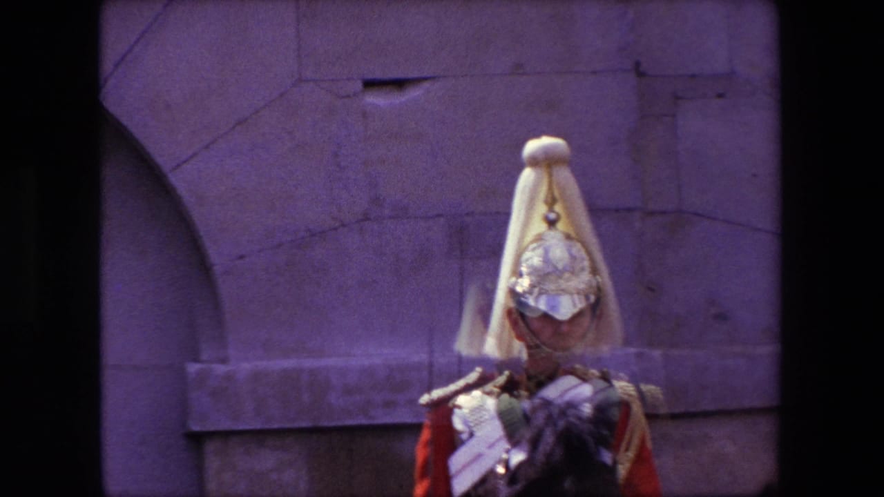 Ceremonial mounted guard faces the camera with helmet plume and uniform details visible.
