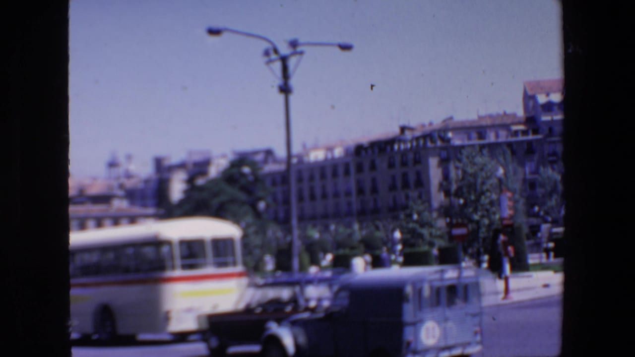 A bus and cars move across a city street near trees, buildings, and a monument.