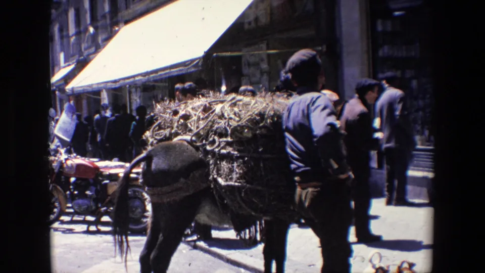 1967 Madrid home-movie frame showing people walking near a loaded horse or donkey, with awnings and storefronts along the market street.