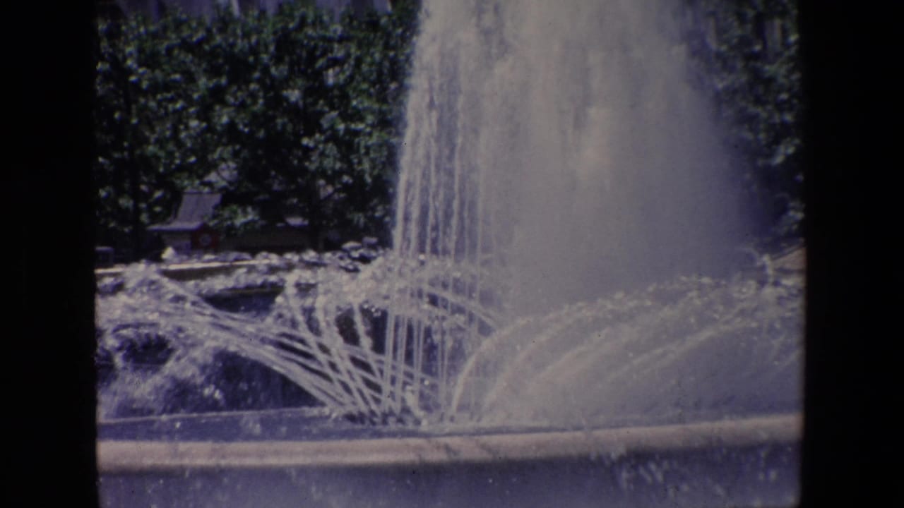 Tall fountain plume and arcing jets rise in front of trees near a road.