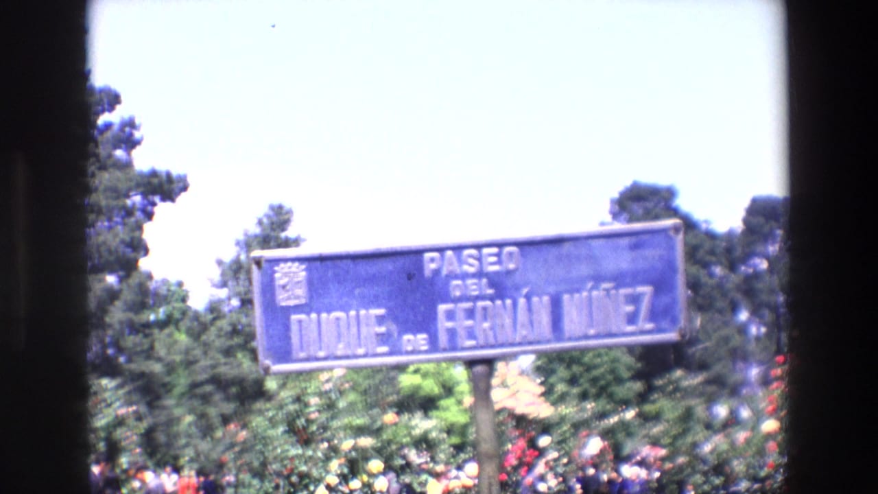 1967 Madrid home-movie frame showing a blue Paseo del Duque de Fernan Nunez sign with trees and a gathered crowd below.