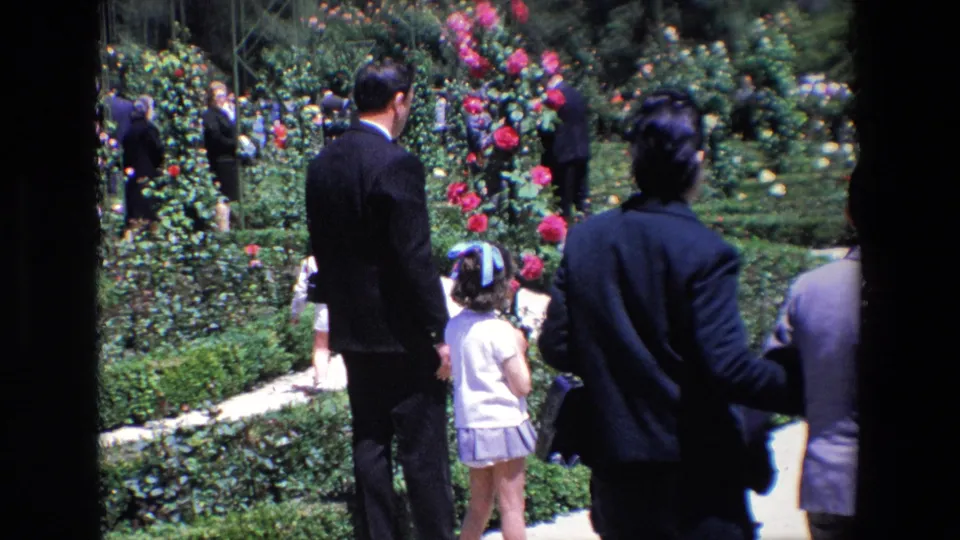 1967 Madrid wedding frame with a child in the foreground, suited adults facing the flower beds, and a bride being photographed along a curved garden path.