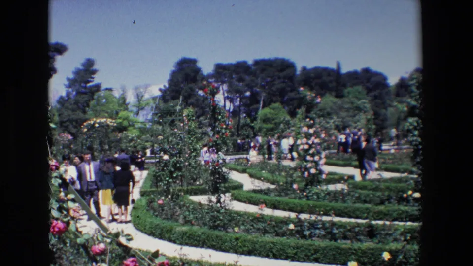 1967 Madrid home-movie frame of visitors walking through a landscaped rose garden with curved paths, hedges, and tall trees behind.