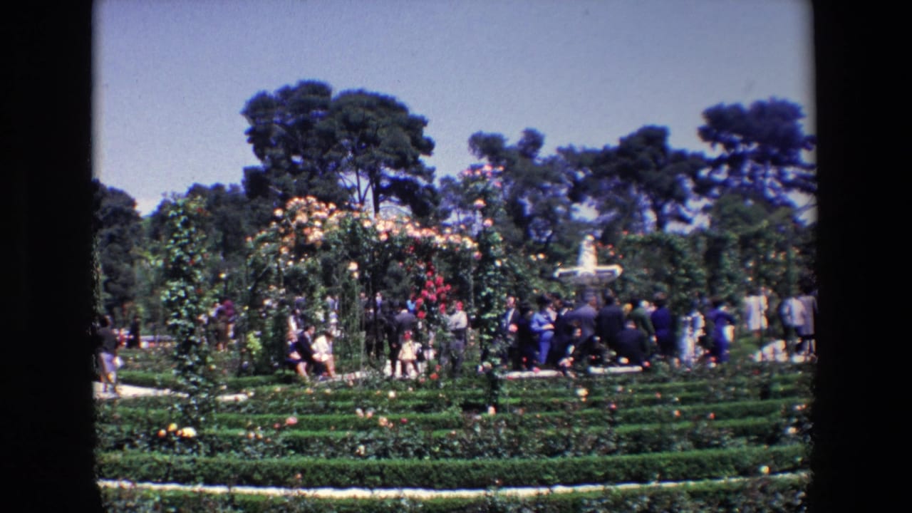 Formal garden with hedges, flowering plants, visitors, and a fountain in the background.