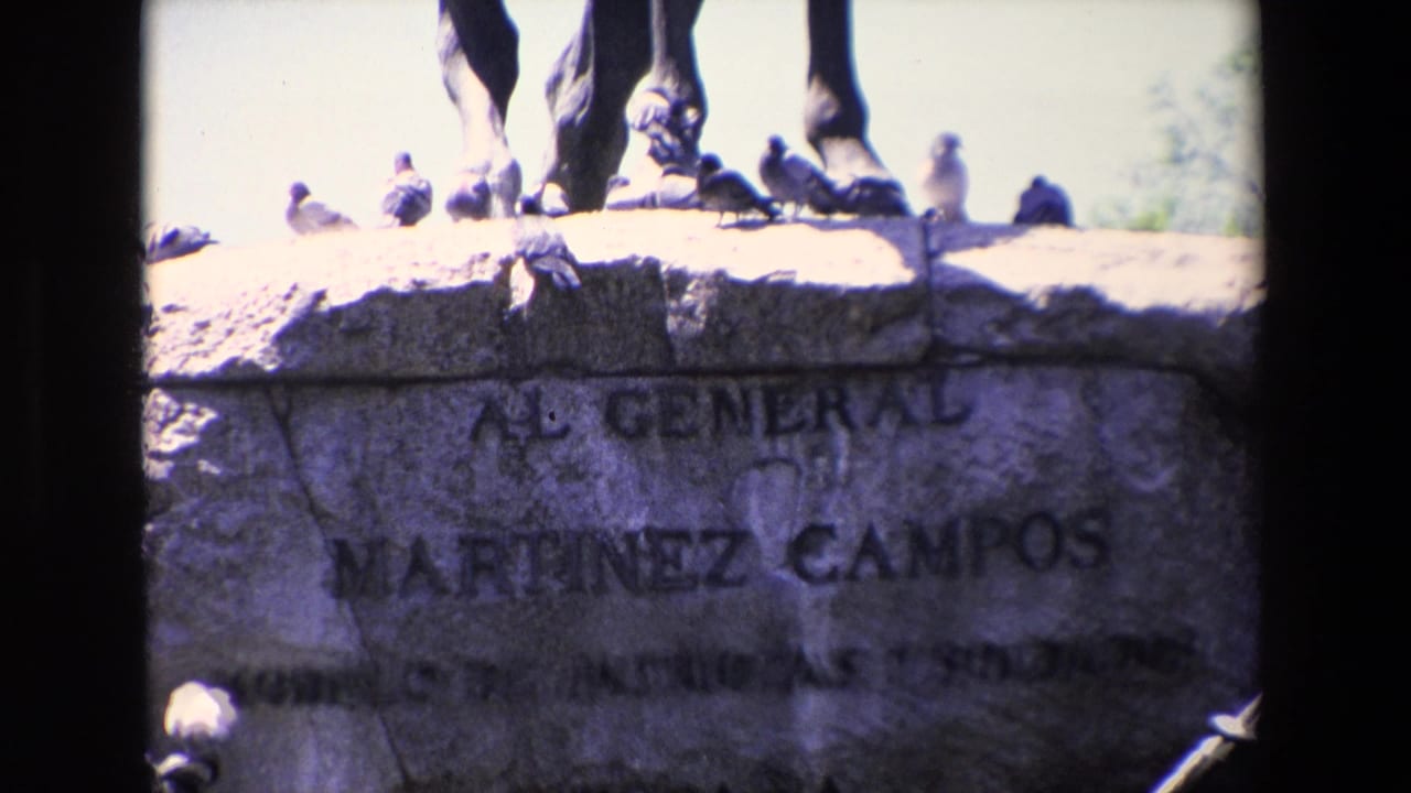 Stone monument base with a Martínez Campos inscription, statue legs, and pigeons along the ledge.