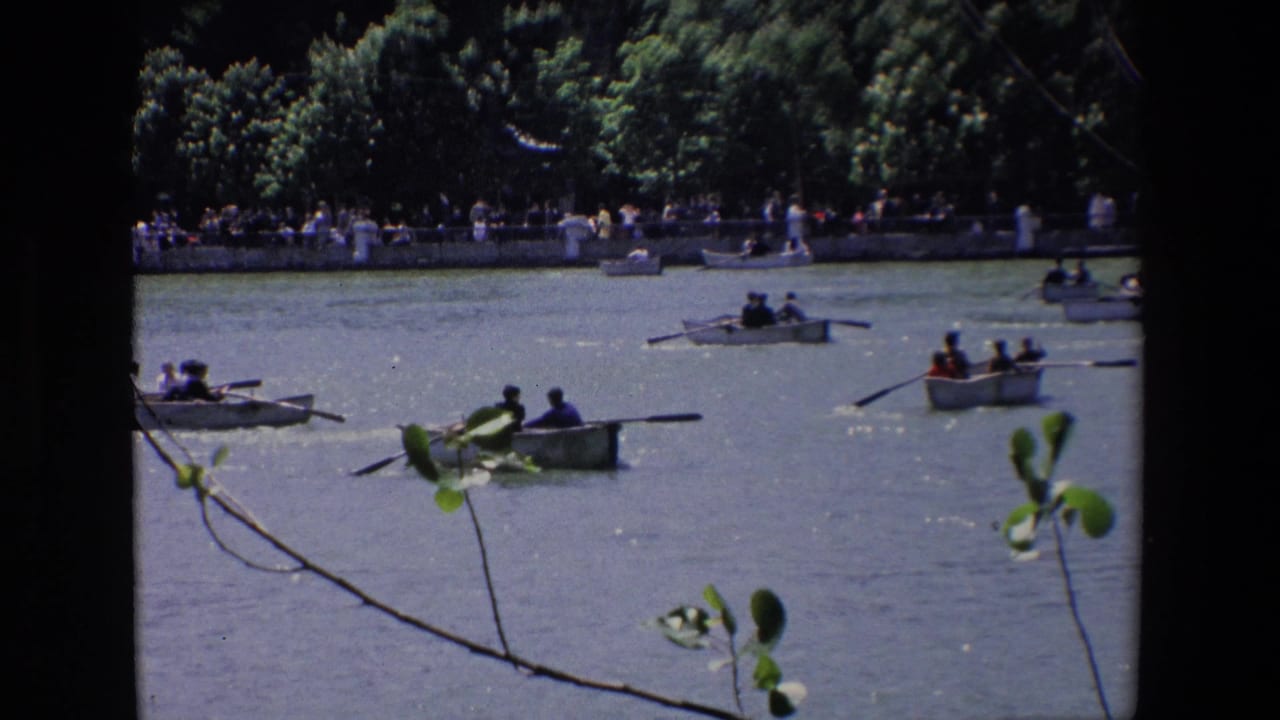 Small rowboats with passengers on sunlit water near a crowded bank.