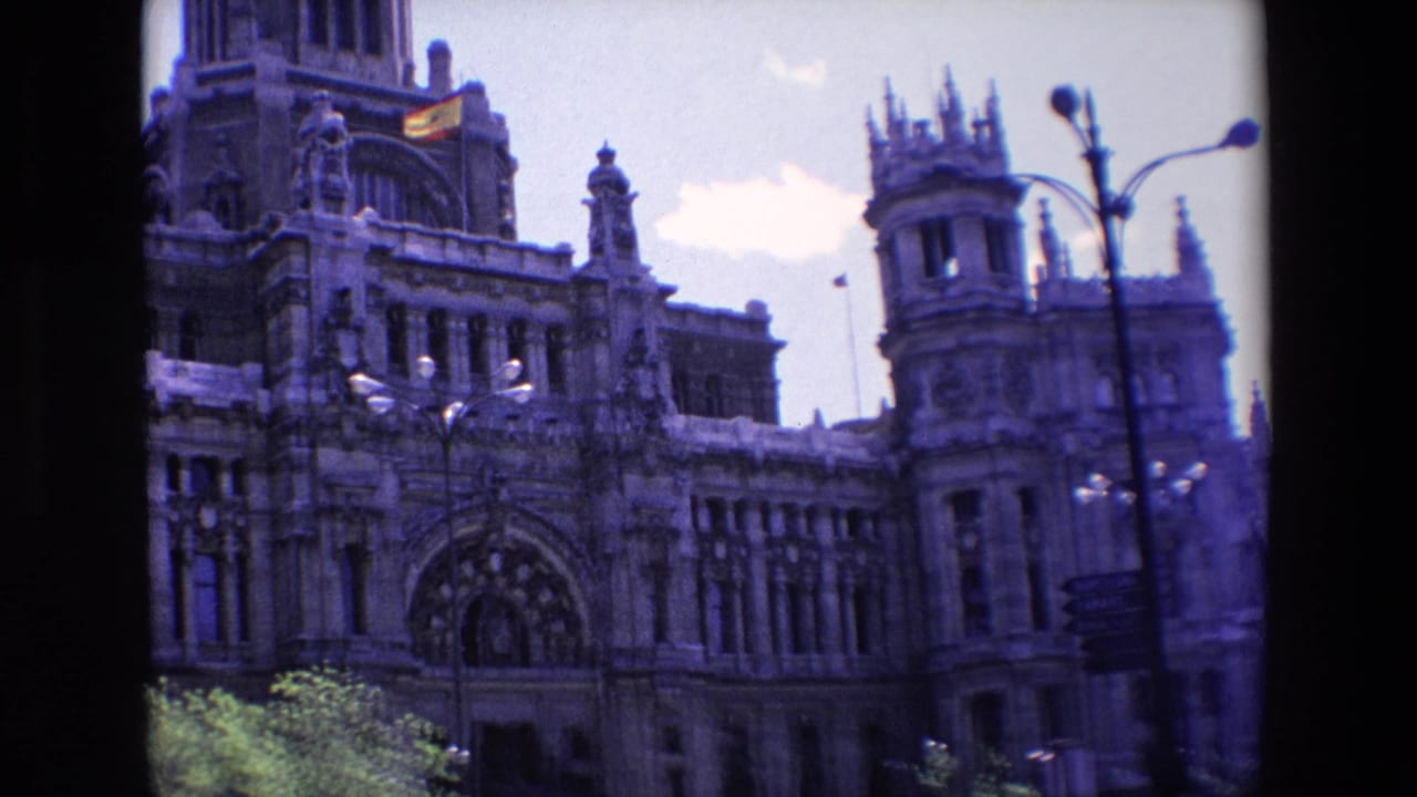 Landmark facade with central tower area, Spanish flag, streetlamps, and trees.