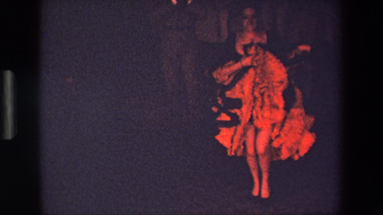 Costumed woman in a red ruffled skirt dancing against a dark stage background.