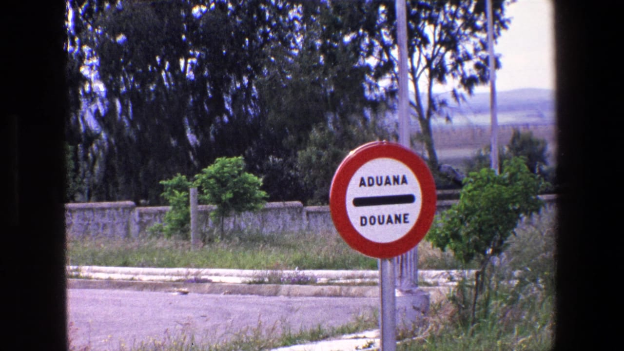 1967 Palermo-area home-movie frame showing a red circular ADUANA DOUANE sign beside a quiet roadside with trees, shrubs, and a low wall.