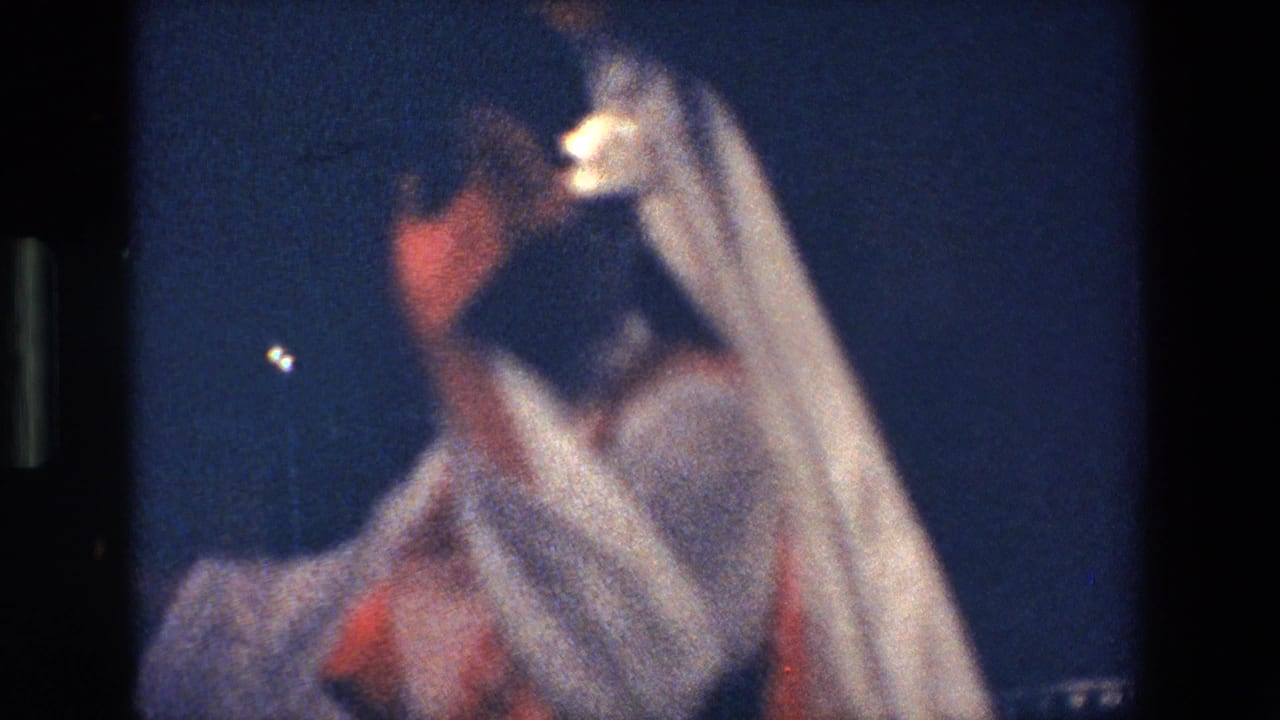 Dancer lifts a white veil while performing on a dark stage.