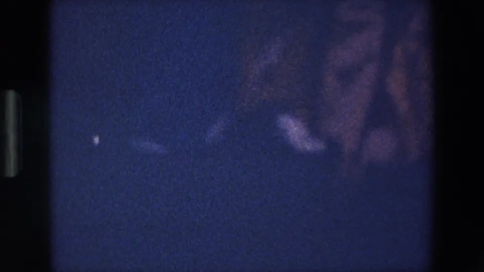 1967 Palermo home-movie frame with pink skirt fabric and part of a woman’s lower leg seen through heavy grain and blue-purple low light.