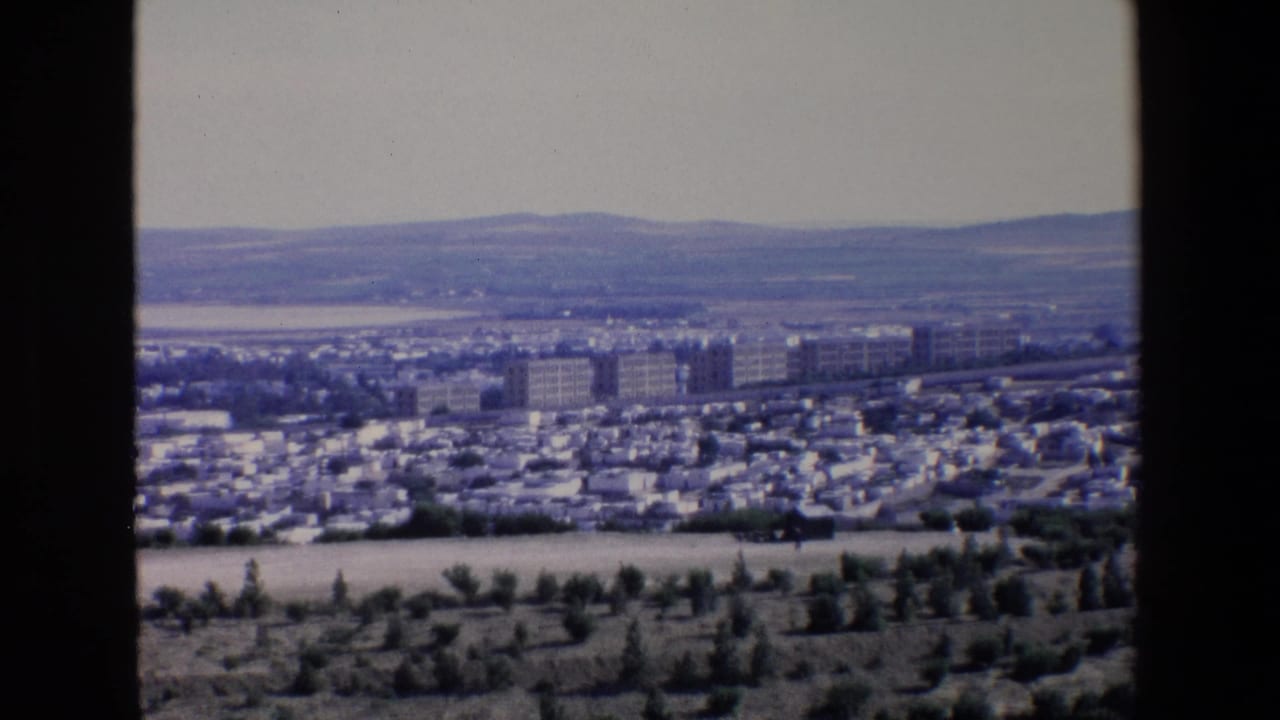 1967 Palermo city view with a dense urban district, larger mid-rise blocks, pale distant hills, and a dark vertical divider from the camera position.