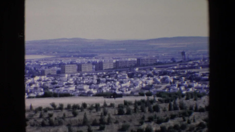 1967 Palermo overview showing clustered white buildings, rectangular apartment blocks, a dry tree-dotted foreground, and hazy hills in the distance.