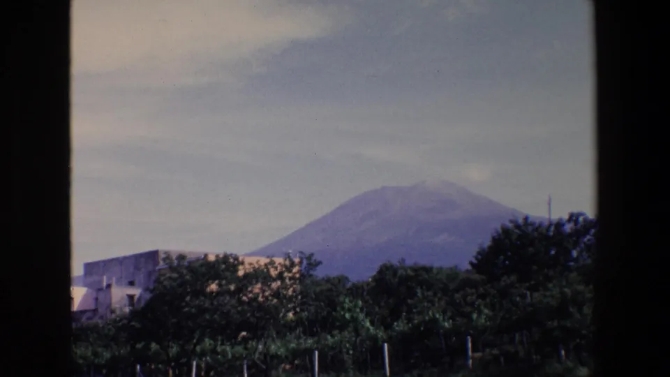 1967 Palermo home-movie frame showing a distant mountain peak beyond green trees, garden vegetation, and a low foreground building.