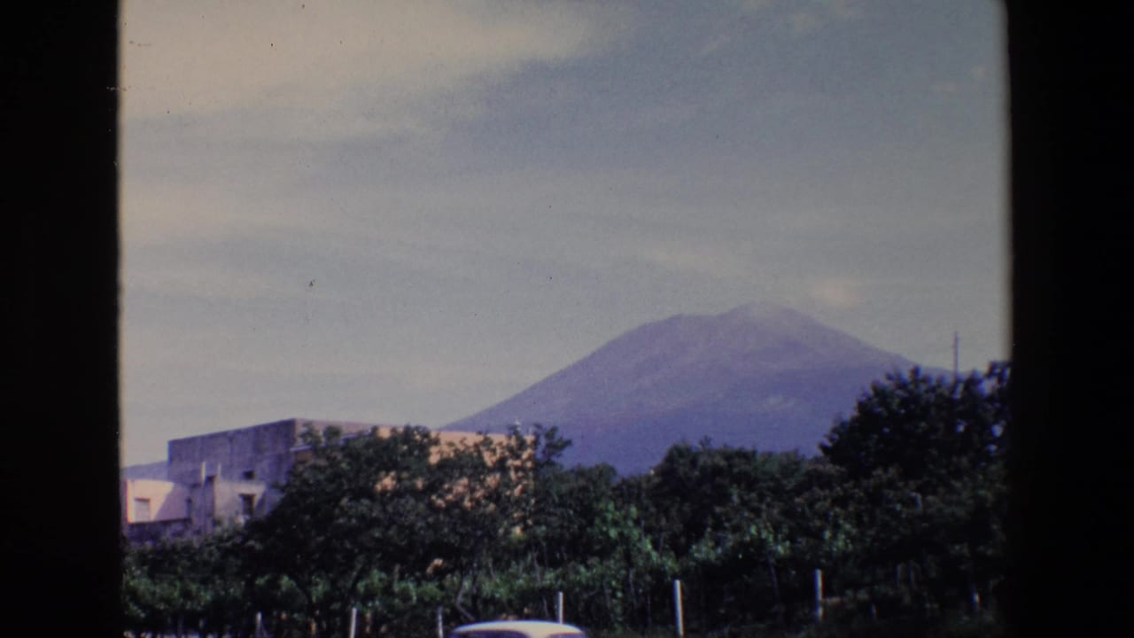 Mount Vesuvius rises behind trees and buildings.