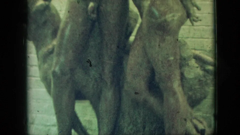 Partial close-up of the Branson garden sculpture, with Adam and Eve figures and the dog visible in faded 8mm color against a pale brick background.