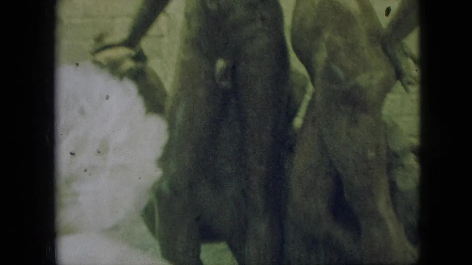 Cropped 8mm frame of the Adam and Eve sculpture in Branson, showing the nude figures and dog form with soft focus, faded color, and visible film wear.