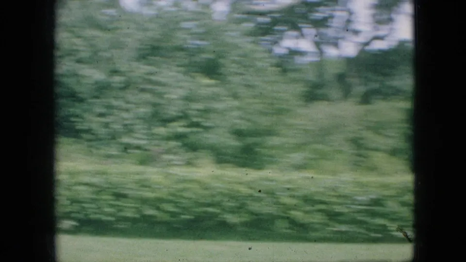 1968 Branson, Missouri home-movie frame with a blurred view of landscaped grounds, showing lawn, hedges, trees, and faint vertical foreground framing.