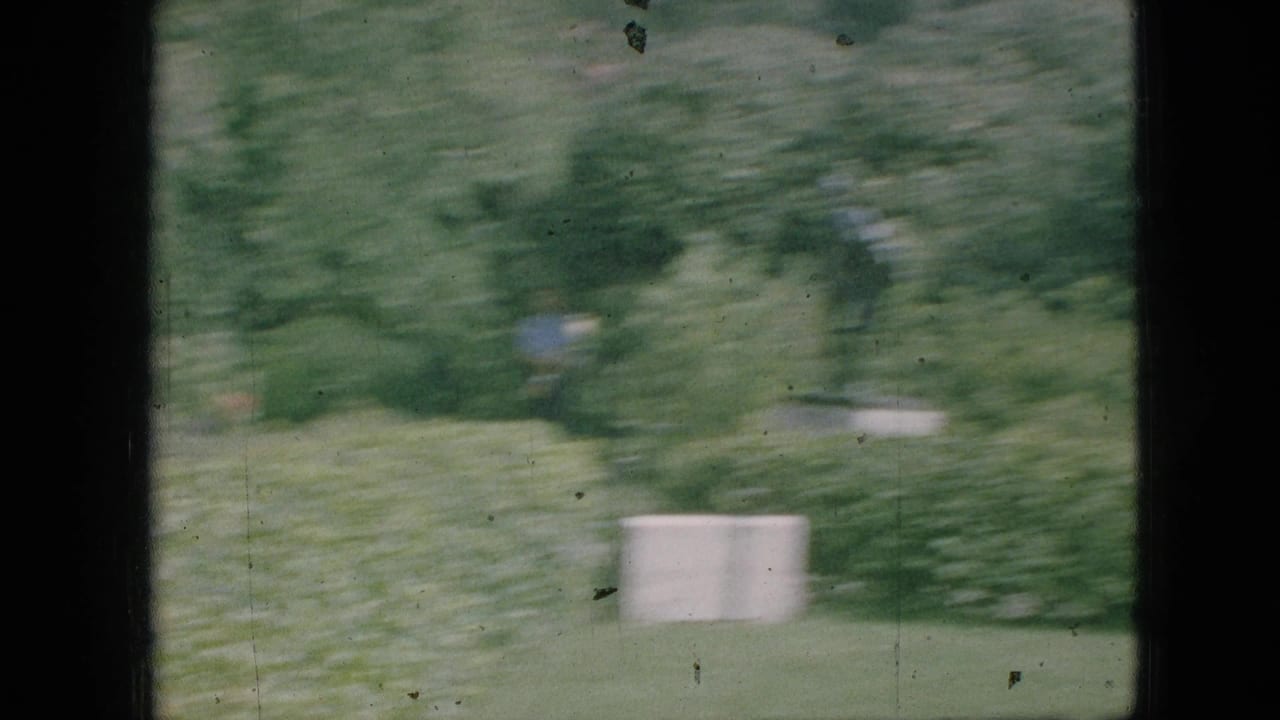 Blurred trees, shrubs, grass, and a pale park object or sign pass by in 1968 Branson, Missouri home-movie footage.