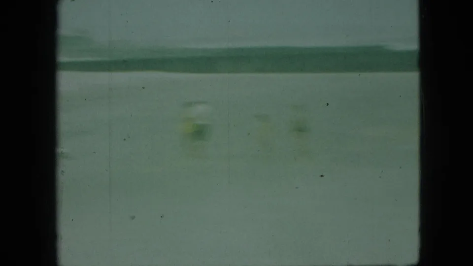 1968 Branson home-movie still showing muted green water or shoreline surface, dark framing, and small visible film specks.