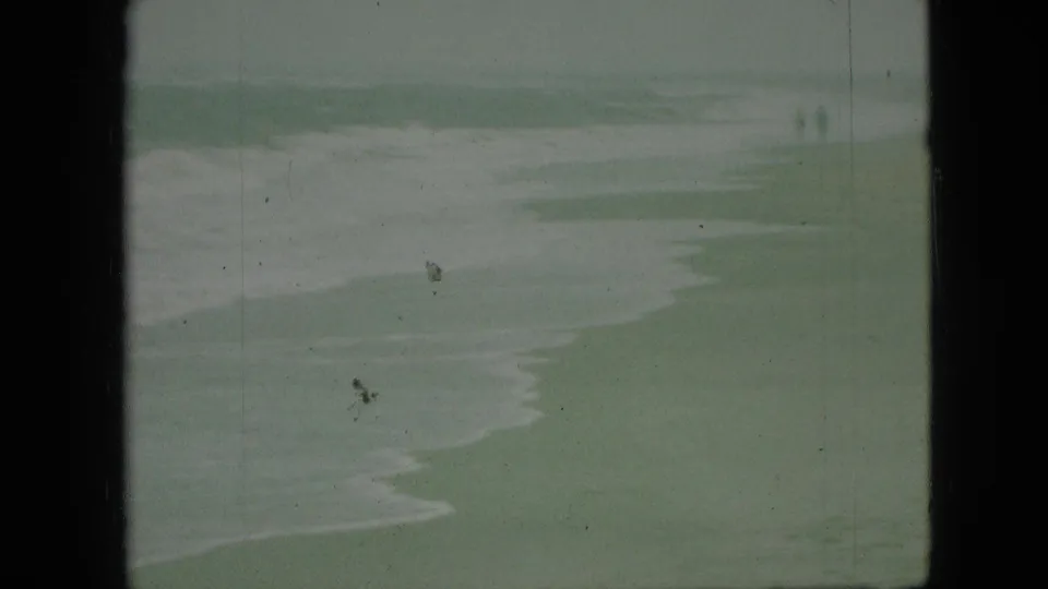 1968 8mm home-movie frame showing white surf curling along a pale exposed sand bar, with tiny distant people near the waterline.