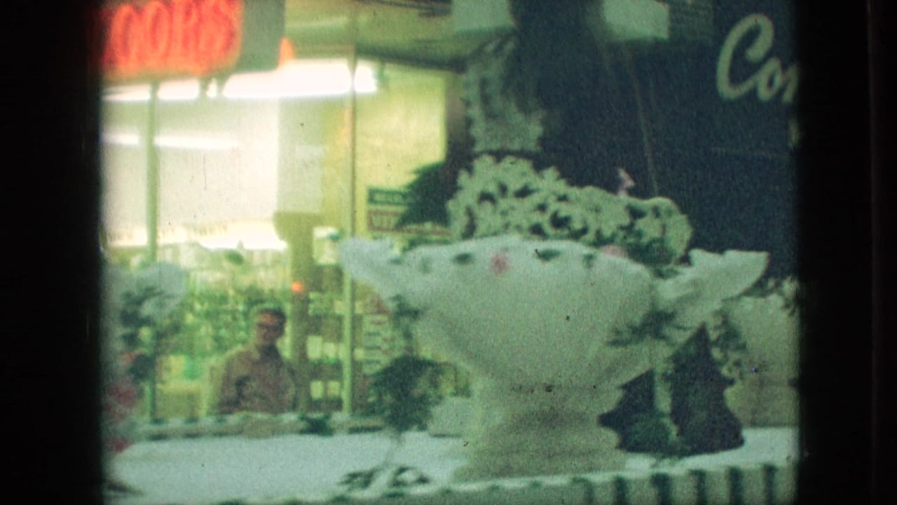 Decorated parade vehicle or float in front of a storefront with a person visible inside.