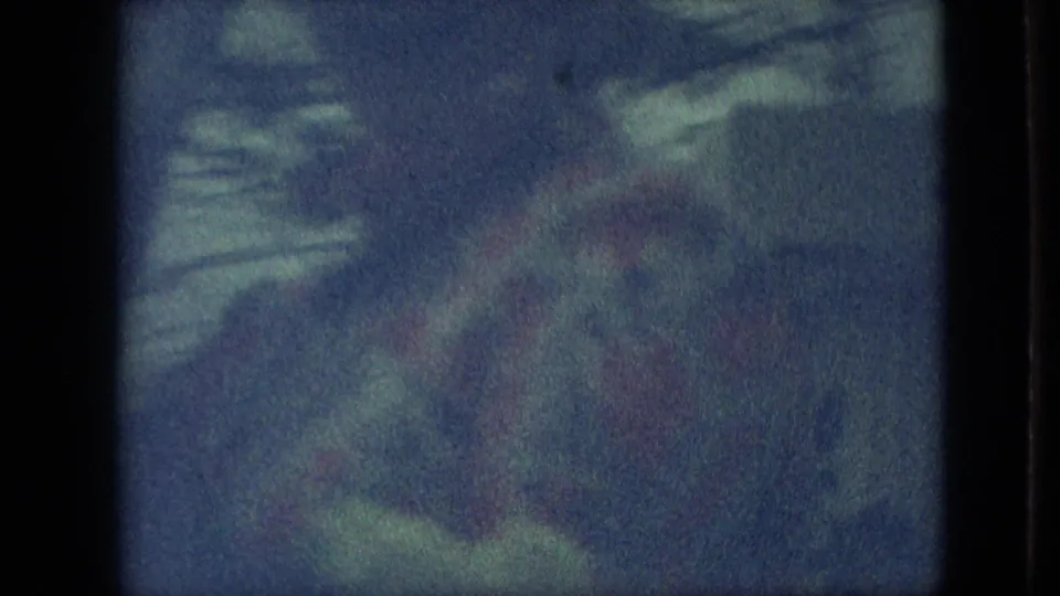 A blurred 8mm frame appears to show parade participants or nearby spectators, with indistinct faces and clothing softened by motion and exposure.