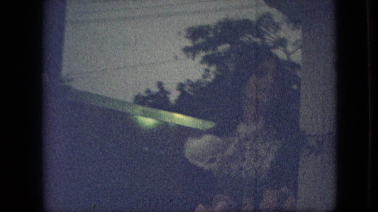 Grainy 1968 Branson, Missouri home-movie frame with backyard foliage, a sloped roof or structure edge, and a small greenish exposure flare in low light.