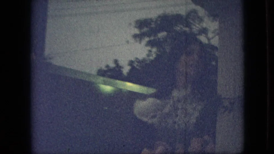 Grainy 1968 Branson, Missouri home-movie frame with backyard foliage, a sloped roof or structure edge, and a small greenish exposure flare in low light.